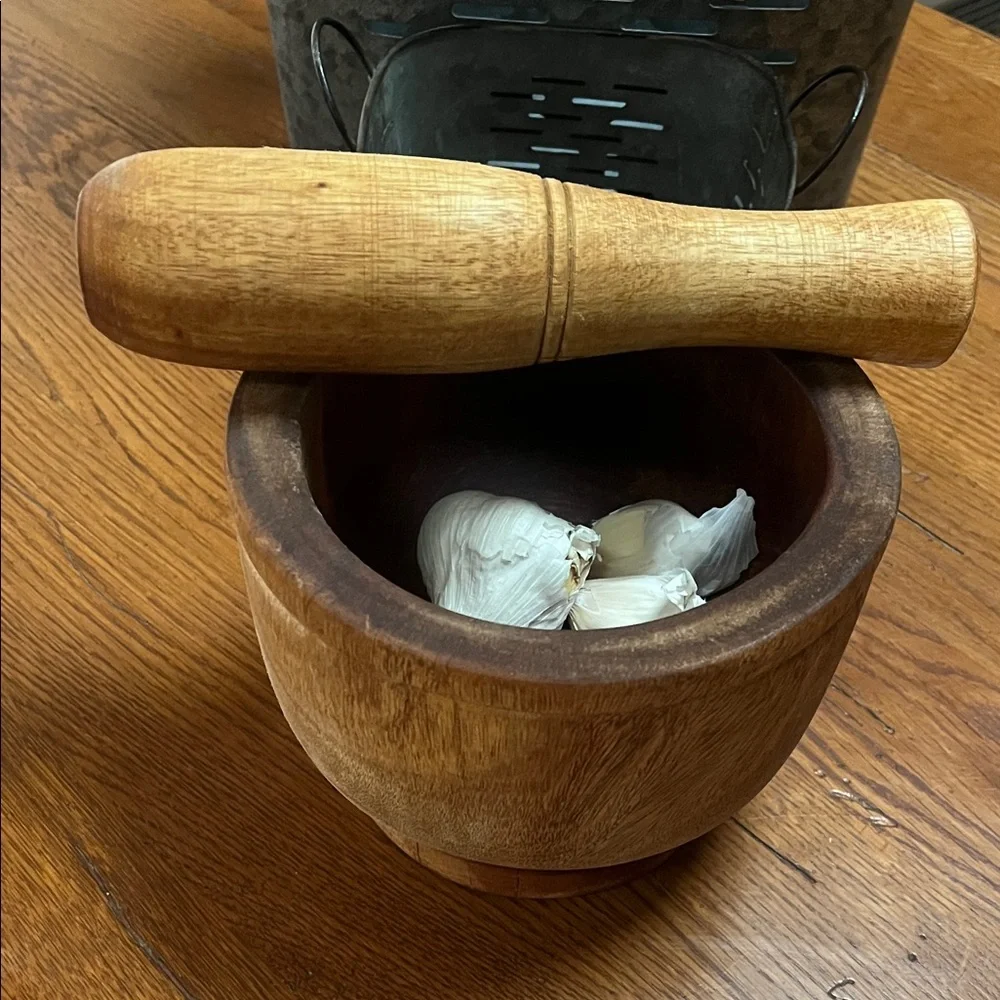 Vintage Solid Wood Mortar and Pestle Set Rustic Cabin Kitchen Decor 6”